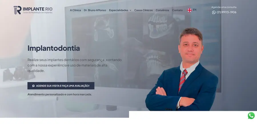 Página inicial do site Implante Rio (dentista), criado pela Vadesilho