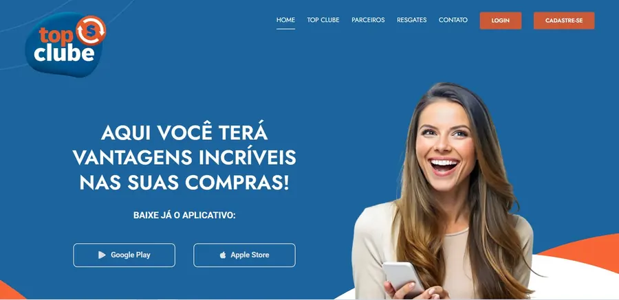 Página inicial do site Top Clube Fidelidade (programa de fidelidade), criado pela Vadesilho