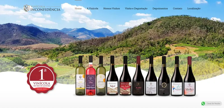 Página inicial do site Vinícola Inconfidência (vinhos e turismo enológico), criado pela Vadesilho