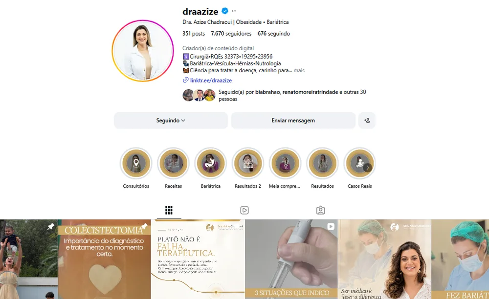 Perfil do Instagram @draazize (Dra. Azize Chadraoui), gerenciado pela Vadesilho